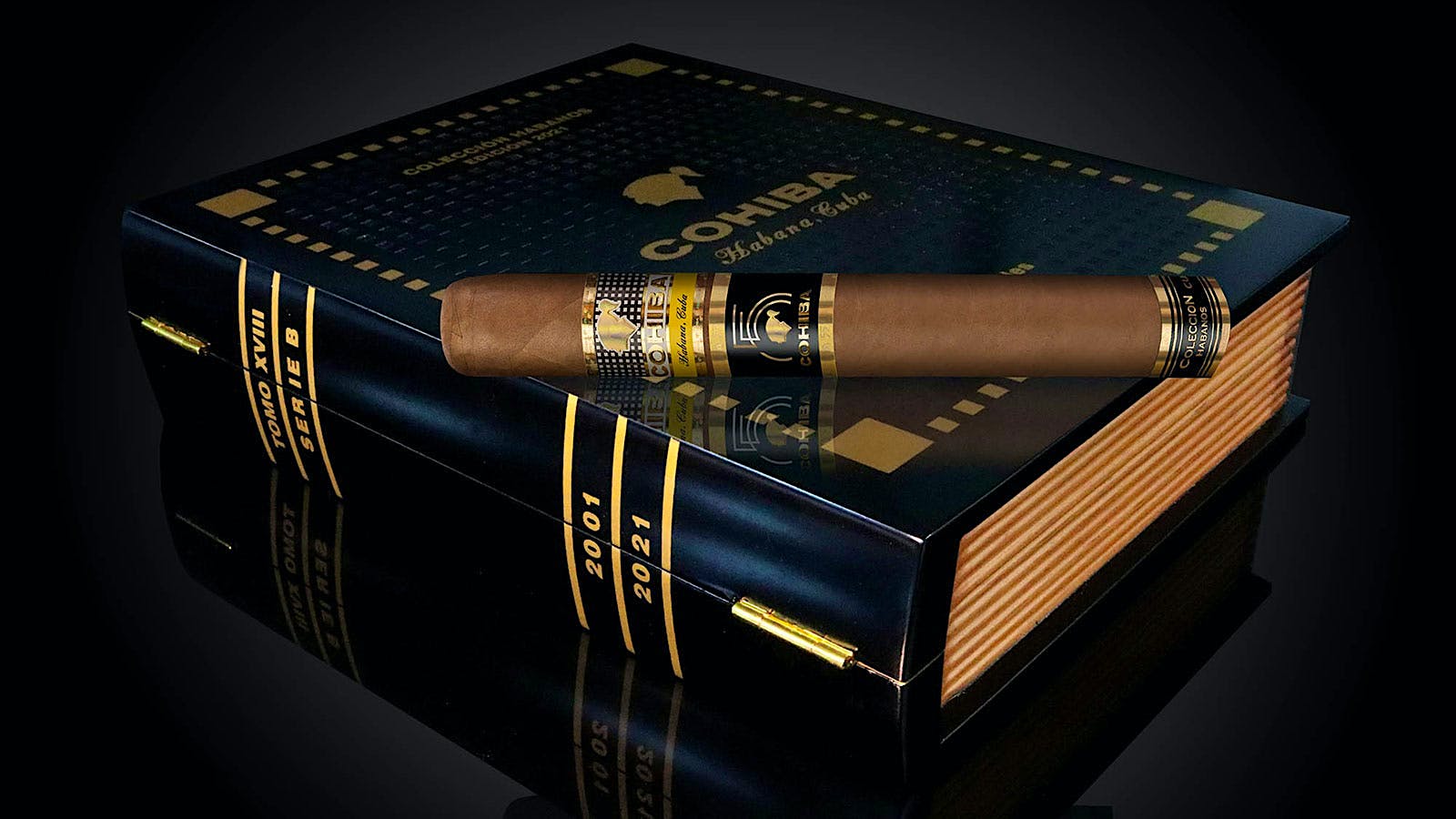 Close-up image of the Cohiba Ideales cigar from 2021 Coleccion Habanos, featuring distinctive black and gold packaging.