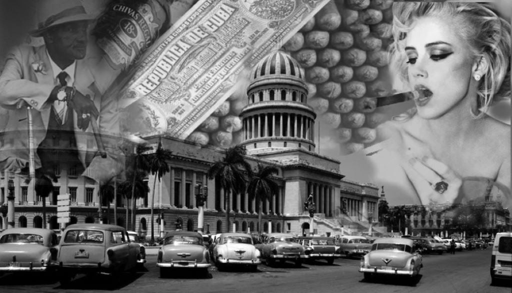 Vintage Cuban cigars background featuring a man smoking a cigar, and old Cuban currency note, the Capitolio building , and a glamorous woman holding a cigar