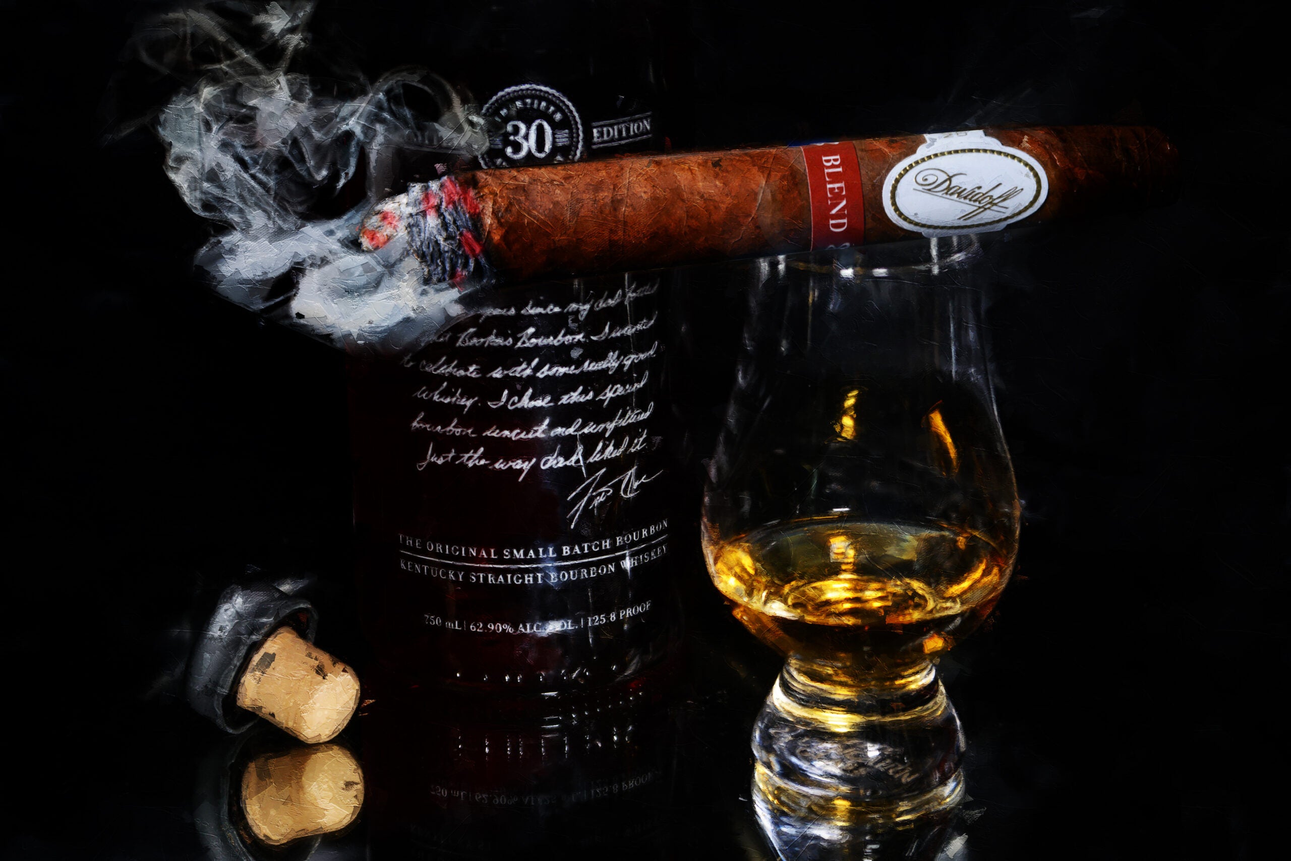A Davidoff 30th Edition cigar lit and smoking, paired with a glass of whiskey and a bottle of bourbon in the background